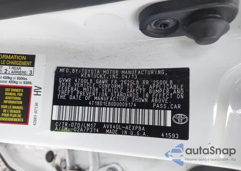 2013 Toyota Avalon Hybrid Limited z USA, uszkodzony, nr VIN 4T1BD1EB0DU009174